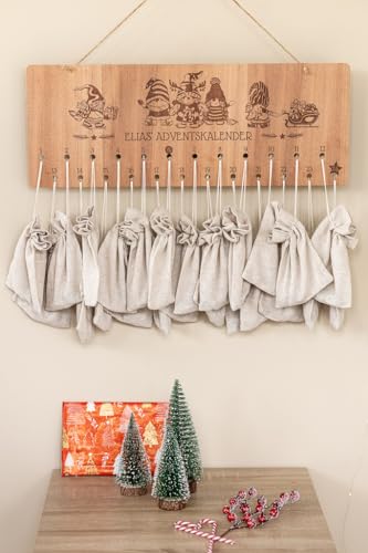 INEXTERIOR Adventskalender mit Leinensäckchen zum selbstbefüllen aus Holz - PERSONALISIERBAR - verschiedene Motive - Kinder Frauen Männer (Motiv 1) von INEXTERIOR