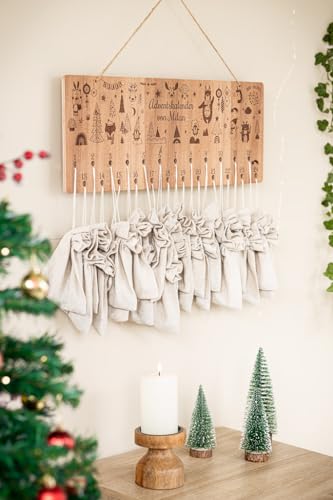 INEXTERIOR Adventskalender mit Leinensäckchen zum selbstbefüllen aus Holz - PERSONALISIERBAR - verschiedene Motive - Kinder Frauen Männer (Motiv 2) von INEXTERIOR