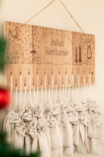 INEXTERIOR Adventskalender mit Leinensäckchen zum selbstbefüllen aus Holz - PERSONALISIERBAR - verschiedene Motive - Kinder Frauen Männer (Motiv 3) von INEXTERIOR