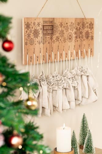 INEXTERIOR Adventskalender mit Leinensäckchen zum selbstbefüllen aus Holz - PERSONALISIERBAR - verschiedene Motive - Kinder Frauen Männer (Motiv 4) von INEXTERIOR