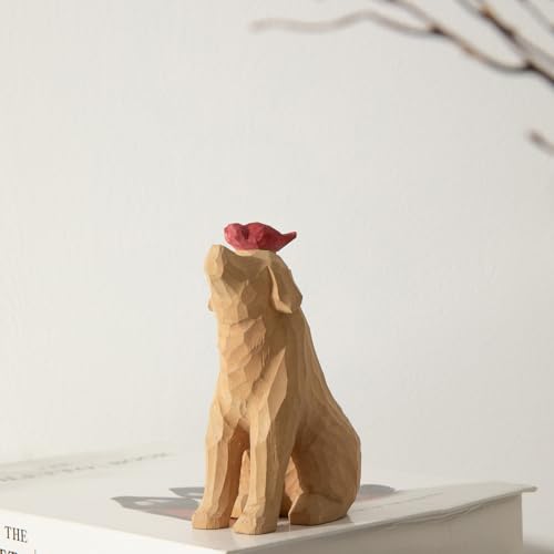 INF-STAR Handgefertigte Holzfigur Hund Gedenkgeschenke, Glücklicher roter Kardinal auf dem Kopf des geliebten Hundes, bringt Komfort und Liebe für Sie, berührende Statue Geschenk für Hundeliebhaber von INF-STAR