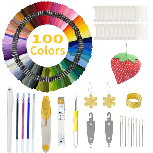 INFNZOLI Stickgarn, 100 Knäuel, Kreuzstichgarn, Regenbogenfarben, Freundschaftsarmband, Garnherstellung, Bastelset mit Kreuzstich-Werkzeug-Sets (100 Farben + Werkzeuge) von INFNZOLI