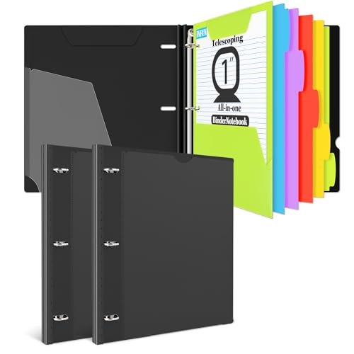 INFUN 2,5 cm All-in-One-Teleskop-Notizbuch, 2 Stück, 3-Ringbuch mit 1 beweglichen Kunststofftaschenordner, 5 Kunststoff-Trennblätter und 30 Blatt kariertes Papier und 30 Blatt College-Papier, schwarz von INFUN