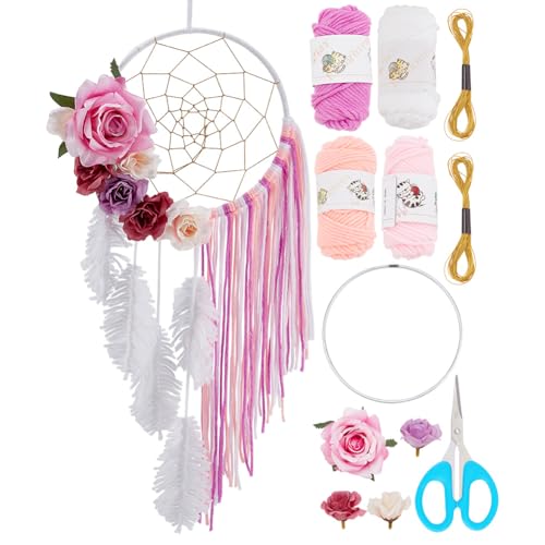 INFUNIY Traumfänger Mit Rosenmotiv, DIY-Traumfänger-Set, Großer Traumfänger, Basteln Sie Ihren Eigenen Traumfänger, Paket Mit Anleitung Für Heimdekoration, Wandbehang, Hochzeits- Und Geburtstagsgesche von INFUNLY