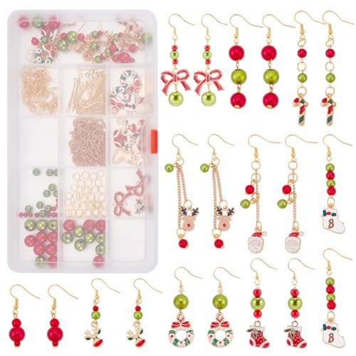 INFUNLY 1 Box DIY 10 Paar Weihnachtsperlen Ohrhänger Bastelset Rentier Schneeflocke Weihnachtsmann Glocken Charm Anhänger Süßigkeiten Weihnachtsbaum Emaille Charms Für Die Schmuck Ohrring Herstellung von INFUNLY