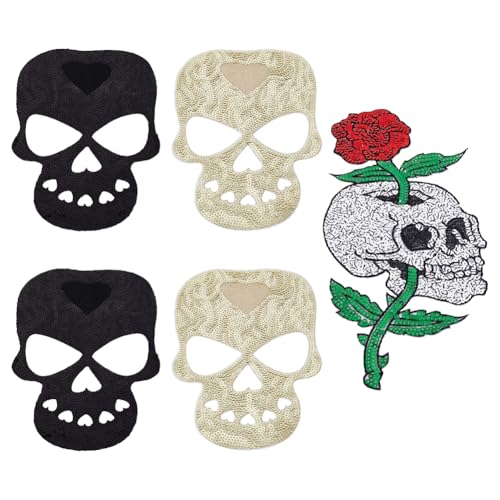 INFUNLY 1 Stück Pailletten Totenkopf Patches Rosen Totenkopf Pailletten Patch Schwarzer Totenkopf Bügel Pailletten Patch Applikation Zum Aufnähen Halloween Dekorativer Patch Pailletten Stoff Patches F von INFUNLY