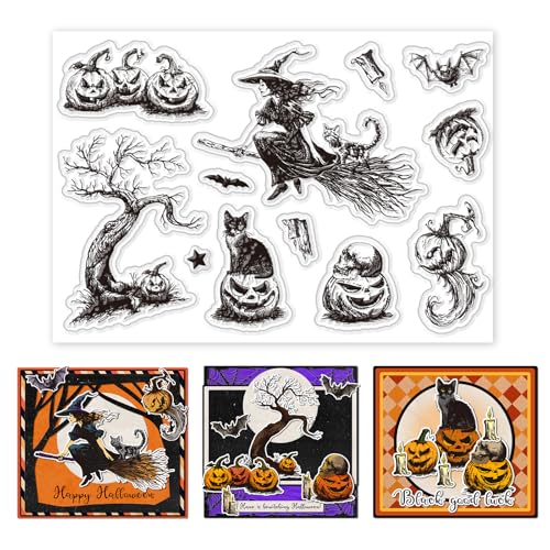 INFUNLY 10 transparente Stempel Mit Halloween Hexe Zum Gestalten von Karten 6.3x4.3" wiederverwendbare Kürbis Silikonstempel Schwarze Katze Transparente Siegelstempel Fledermäuse Transparente Gummiste von INFUNLY