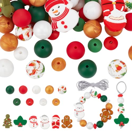 INFUNLY 102 Stück Weihnachts Silikonperlen Zum Basteln 15 Stile Weihnachts Silikon Lose Perlen Set Verschiedene Runde Weihnachtsperlen Grün Rot Weihnachtsmann Schneemann Perlen Für DIY Schlüsselanhäng von INFUNLY