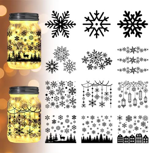 INFUNLY 12er Set Weihnachts Schneeflocken Einmachglas Silhouetten Aufkleber 3.9x3.5(1) cm Weihnachts Aufkleber Elch Silhouette Ausschnitte Für Gläser Heimwand Fenster Scrapbook Dekoration Zubehör DIY von INFUNLY