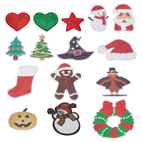 INFUNLY 15 Stück Weihnachten Halloween Thema Applikation Patch Set Kürbiskopf Aufbügeln Pailletten Patch Applikation Schneemann Aufnähen Dekorative Patch Pailletten Stoffpatches Für Kleidung Kleid Hut von INFUNLY