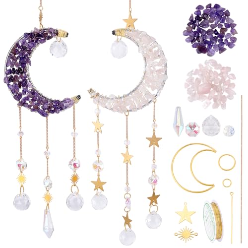 INFUNLY 2 Set DIY Mond-Kristall-Sonnenfänger-Kits Boho Hängende Fenster Sonnenfänger Kit mit Anleitung Kristalle Bulk Regenbogen Lichtfänger Kit Edelstein Perlen Sonnenfänger Set für Haus Garten von INFUNLY