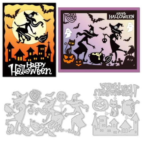 INFUNLY 2 Stück „Happy Halloween“ Metallstanzformen Mit Hexenbesen Geisterschloss Stanzform Zum Basteln von Karten Fledermäuse Und Katzen Stanzform Mit Kürbiskopf Metallprägung Stanzformen Für DIY Scr von INFUNLY