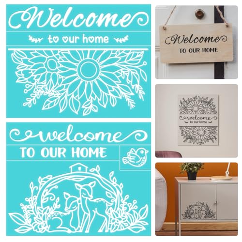 INFUNLY 2 Stück „Welcome To Our Home“-Malschablone 8.6x11" Siebdruckschablonen Mit Blumenmotiv Selbstklebende Siebdruckschablonen Netzklebeschablone Für Heimdekoration Farbe Auf Holz Stoff Wand Tasse von INFUNLY