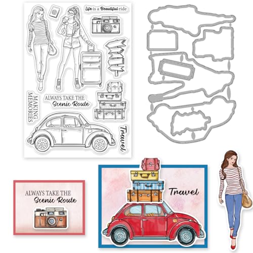 INFUNLY 2 Stück Mode Frauen Reisen Klare Stempel Dame Tasche Kofferraum Stanzform Urlaub Wort Wegweiser Silikonstempel Autokamera Gummistempel Und Stanzteile Für Scrapbooking Prägung Album DIY Handwe von INFUNLY