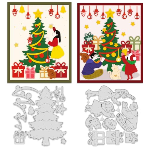 INFUNLY 2 Stück Weihnachts Metallstanzform Für Kartengestaltung Familiendekoration Weihnachts Stanzform Katze/Hund Metall Stanzformen Weihnachtsbaum Hintergrund Prägeschablonen Für DIY Scrapbooking Al von INFUNLY