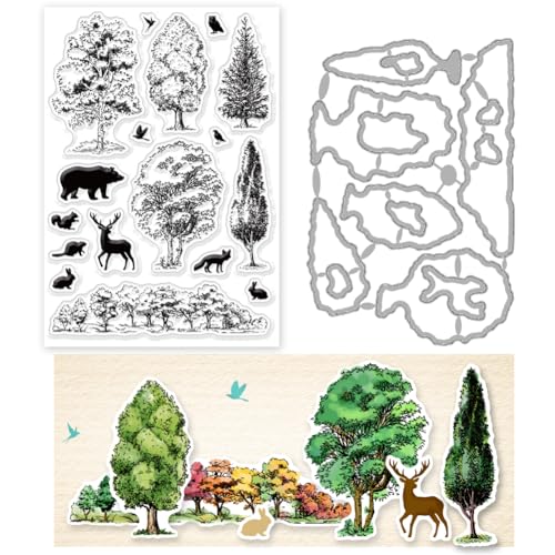 INFUNLY 2-Teiliges Set Mit Tierbaum-Stanzformen Und Transparenten Silikon-Stempeln Bär Kaninchen Vogel Transparente Stempel Wald Elch Gummi Transparente Stempel Und Stanzformen Für Kartenherstellung von INFUNLY