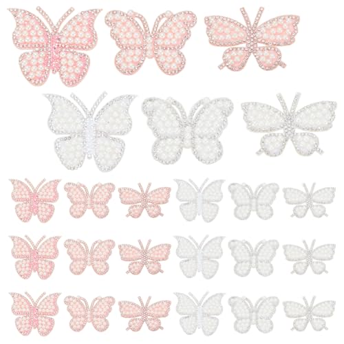 INFUNLY 24 Stück Schmetterling Perle Strass Aufnäher für Kleidung Schmetterling Weiß Perle Bling Strass Applikation Reparatur Patch Schmetterling Perlen Patch für Tasche Hut Jeans Jacke Kunst Handwerk von INFUNLY