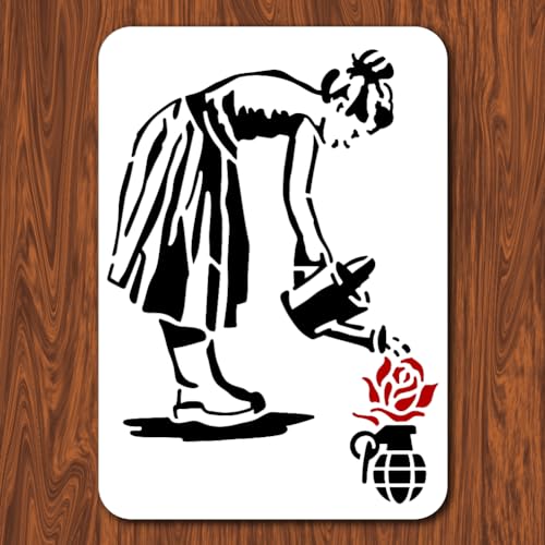 INFUNLY 29.7x21 cm/11.6 x 8.2 Zoll Banksy-Malschablone „Die Frau Gießt Die Blumen“, Wiederverwendbare Banksy-Straßen-Draffiti-Schablone, Banksy-Stil-Muster-Kunstschablone Zum Malen Auf Wandfliesen, Le von INFUNLY