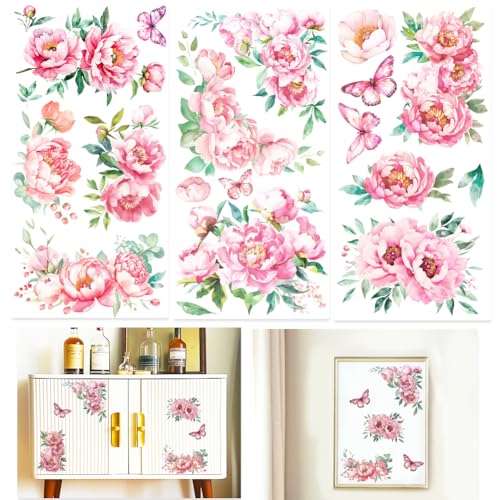 INFUNLY 3 Bogen Pfingstrosen Abziehbilder Zum Basteln 6x12" Blumen Abziehbilder Zum Aufreiben von Möbeln Vintage Blumen Abziehbilder Zum Aufreiben Wasserfest Für Holz Glas Scrapbook DIY Papier Heimdek von INFUNLY