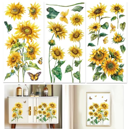 INFUNLY 3 Bogen Sonnenblumen Abziehbilder Zum Basteln Insgesamt 6x12" Blumen Abziehbilder Zum Aufreiben von Möbeln Florale Abziehbilder Zum Aufreiben Wasserfest Für Holz Glas Scrapbook DIY Papier Heim von INFUNLY