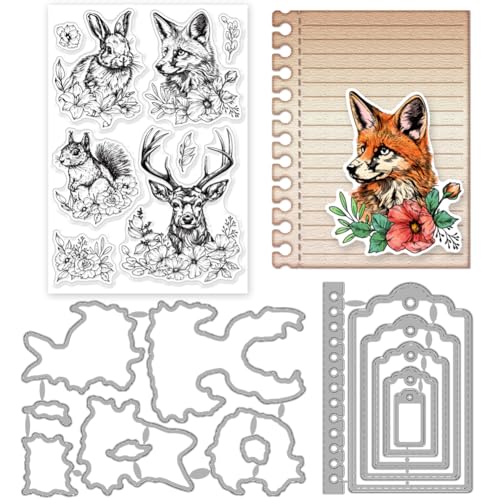 INFUNLY 3 Stück Tiere Blumen Etiketten-Stanzformen Und Transparente Stempel-Set Wiederverwendbar Fuchs Eichhörnchen Silikon-Stempel Rahmen Gestanzter Elch-Gummistempel Und Stanze Für Kartenherstellun von INFUNLY