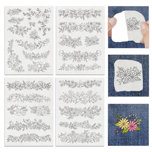 INFUNLY 4 Blatt florale wasserlösliche Handnäh-Stabilisatoren, Pflanzengirlande, waschbarer Stabilisator mit vorgedruckten Mustern, Blumen-Stickpapier, abwaschbare Stabilisatoren für Handnähliebhaber, von INFUNLY