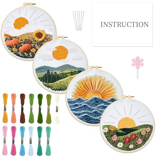 INFUNLY 4 DIY Landschaft Sticksets Für Anfänger 11.8"×11.8" Sonnenuntergangsmuster Stickrahmen Set Berg Stickstarter Set Hand Sticksets Mit Anleitungen Muster Für Erwachsene von INFUNLY