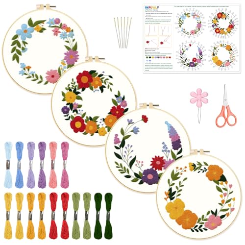 INFUNLY 4 Packung Blumenkranz-Sticksets Für Anfänger Blumenmuster Kreuzstichset Tier-DIY-Nadelspitze-Set Stickset Mit Pflanzenstempel Mit Anleitung Stickrahmen Fäden von INFUNLY