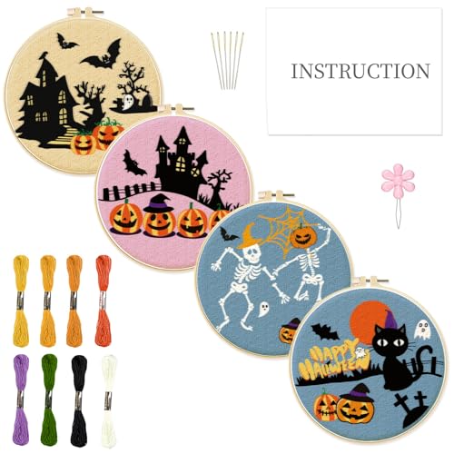 INFUNLY 4 Packung Halloween-Sticksets Für Anfänger Schloss-Kürbis Kreuzstich-Set Totenkopf DIY-Nadelspitze-Set Fledermäuse Schwarze Katze Gestempeltes Stickset Mit Anleitung Stickrahmen Fäden von INFUNLY