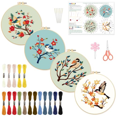 INFUNLY 4 Packung Kolibri-Sticksets Für Anfänger Blumen-Kreuzstichset Tier-DIY-Nadelspitze-Set Stickset Mit Blumenstempel Mit Anleitung Stickrahmen Fäden von INFUNLY