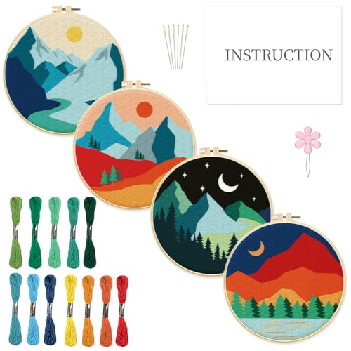 INFUNLY 4 Packung Landschafts-Sticksets Für Anfänger 12x12 Berg-Kreuzstich-Sets Natürliche DIY-Nadelspitze-Sets Stickset Mit Sonne-Mond-Stempel Mit Anleitung Stickrahmen Fäden von INFUNLY