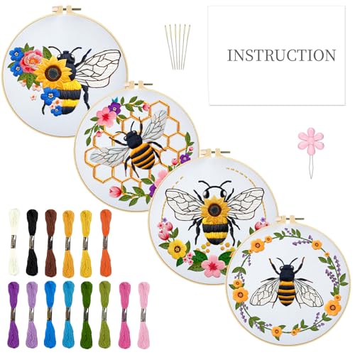 INFUNLY 4 Set Bienen Und Blumen Sticksets Für Anfänger DIY Kreuzstich Startersets Mit Anleitung Sonnenblumen Honigbienen Handgefertigte Nadelspitzen Sets Mit Sticktuch Farbigem Faden Rahmenwerkzeugen von INFUNLY