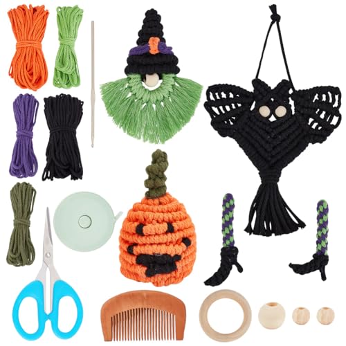 INFUNLY 4 Set Halloween DIY Makramee Set Kürbis Makramee Ornament Gnom Makramee Hängeset DIY Set Für Anfänger Schwarze Fledermaus Makramee Wandbehang Mit Anleitung Halloween Party Heimdeko Taschenanhä von INFUNLY