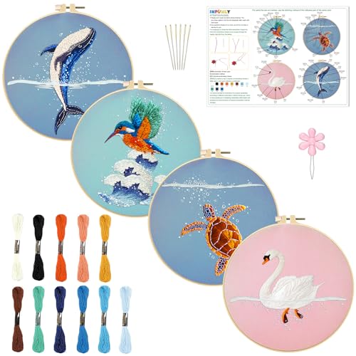 INFUNLY 4 Set Wal Sticksets für Anfänger Vogel Kreuzstich Starter Sets Mit Anleitung für Erwachsene DIY Sticknadelspitzen Sets Mit Tiermuster Stickstoffrahmen Fäden Werkzeug von INFUNLY