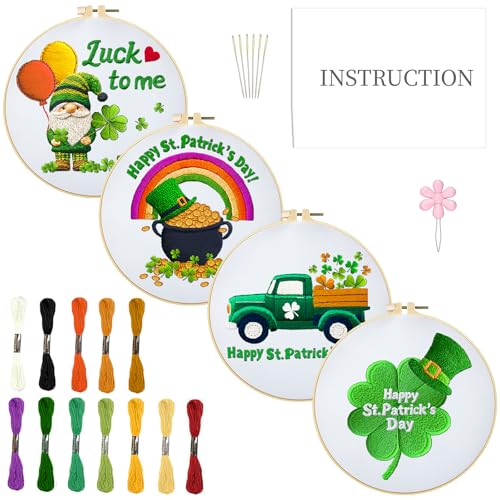 INFUNLY 4 Sets St. Patrick's Day Zwerge Sticksets mit Anleitung Glücksklee Kreuzstich Starter Kits DIY Auto Sticksets Regenbogen Stickerei Kits Handgefertigte Nadelspitzen-Sets mit Worten von INFUNLY