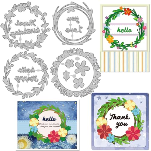 INFUNLY 4 Stück/Set Kranz-Stanzformen Frühlingsblume Metall-Stanzformen Olivenblatt Kreisrahmen Stanzformen Wort „Danke“ Stanzschablone Für Kartengestaltung DIY Scrapbooking Foto-Dekor von INFUNLY