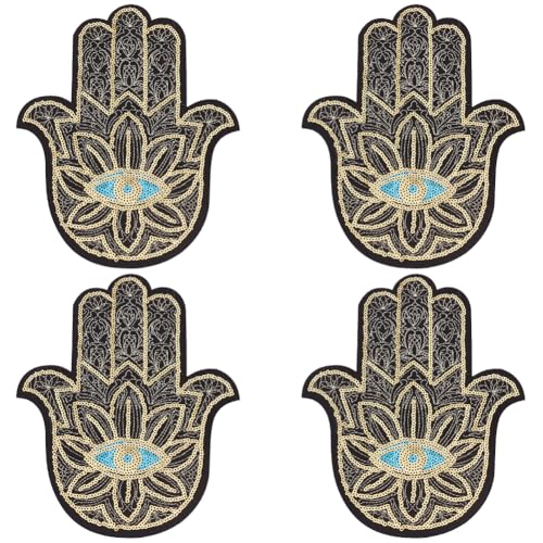 INFUNLY 4 Stück Goldene Hamsa Pailletten Mit Blauem Auge Aufnäher Zum Aufbügeln Für Kleidung Buddhas Hand Pailletten Stoff Aufnäher Zum Aufnähen DIY Palmaugen Bügelflicken Bestickte Applikation Für Kl von INFUNLY