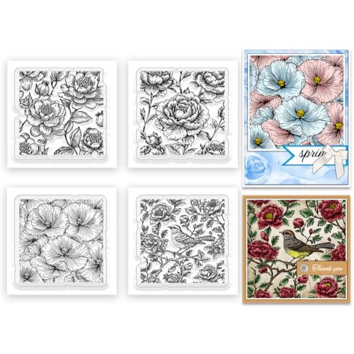 INFUNLY 4 Stück Mini Blumen Hintergrund Clear Stamps Für DIY 2.16"×2.16" Rose Vögel Silikon Clear Stamps Pfingstrose Clear Stamps Blumenserie Clear Stamp Für Kartenherstellung Dekoration Scrapbooking von INFUNLY