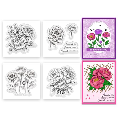 INFUNLY 4 Stück Pfingstrose Blumenstempel Silikon Klarstempel Für Liebende Freunde 2.16×2.16 Zoll Florale Klarstempel Mini Blumen Transparente Stempel Für Kartenherstellung Dekoration Und DIY Scrapboo von INFUNLY