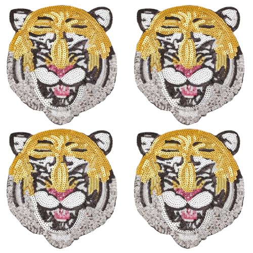 INFUNLY 4 Stück Tiger-Pailletten-Aufnäher Zum Aufbügeln, Tierkopf-Pailletten-Applikationen, 2 Stile, Bestickte Aufnäher, Stoffflicken Für Kleidung, Jeans, Jacken, Handtaschen, Schuhe, DIY-Flicken, Dek von INFUNLY