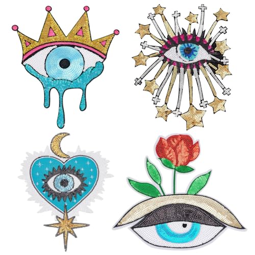 INFUNLY 4 Stück große böse Augen bestickte Applikation Patches Blumen auf Augen Pailletten Applikation Patches Böse Augen Herz Strass Applikation Patches Böse Augen Stern Nähen Reparatur Patches für von INFUNLY