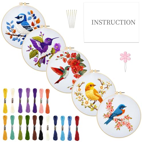 INFUNLY 5 Set Vogel Und Blumen Sticksets für Anfänger DIY Kreuzstich Startersets Mit Anleitung Farbenfrohe Handgefertigte Nadelspitze Sets Mit Sticktuch Farbigen Fäden Rahmen Werkzeugen von INFUNLY