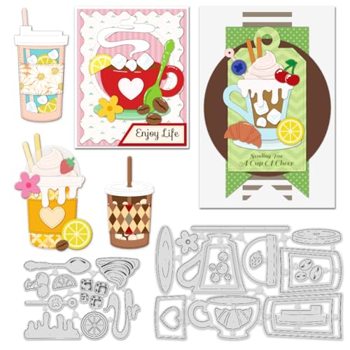 INFUNLY 5 Stile Stanzform für die Kartenherstellung, Milchtee, Glas, Kaffeetasse, Metall, Eisbecher, Teekanne, Prägeschablonen für DIY, Scrapbooking, Album-Dekoration von INFUNLY