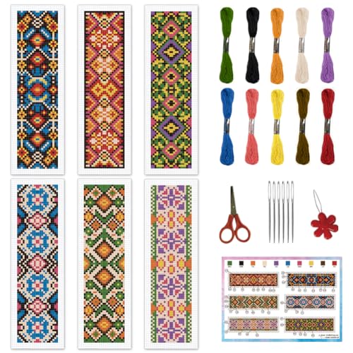 INFUNLY 6 STK. Kreuzstich Lesezeichen Set Mit Bunten Blumen Für Erwachsene 8.66" × 3.15" karierte Blumen Ethnisches Stick Lesezeichen Set Geometrisches Muster Kreuzstich Set Mit Anleitung Für Buchlieb von INFUNLY