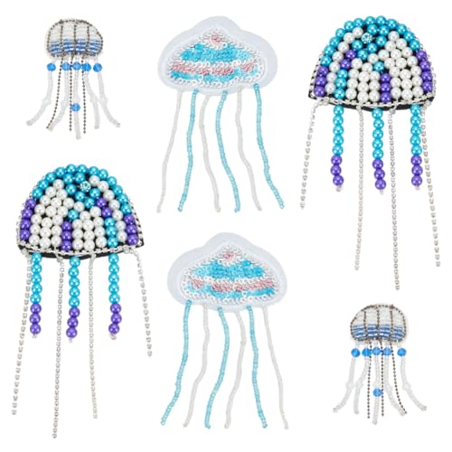 INFUNLY 6 Stück Quallen Perlen Strass Quaste Patches für Kleidung Quallen Strass Aufnäher Meeresbewohner Perlen Reparatur Applikation Patch handgefertigt DIY Patch für Kleidung DIY Kunst Handwerk von INFUNLY