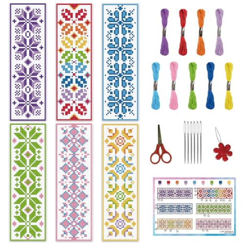 INFUNLY 6 Teiliges Kreuzstich Lesezeichen Set Mit Blumen Für Anfänger 8.66" × 3.15" Boho Karoblumen Stickerei Lesezeichen Set Kreuzstich Set Mit Geometrischem Muster Und Anleitung Für Buchliebhaber Le von INFUNLY