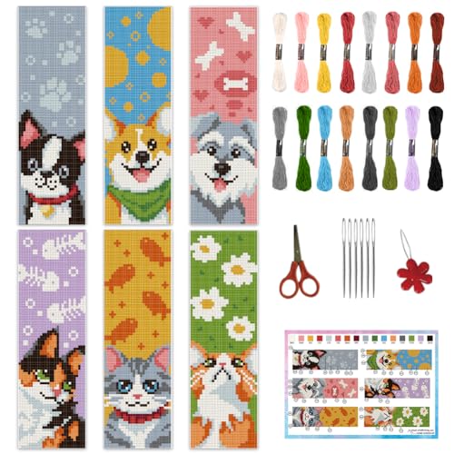 INFUNLY 6 x Kreuzstich Lesezeichen Set Mit Hunden Und Katzen Für Anfänger 8.66" x 3.15" Tiere Gestempeltes Stick Lesezeichen Set Haustier Nadelspitze Lesezeichen Set Mit Anleitung Für Buchliebhaber Le von INFUNLY