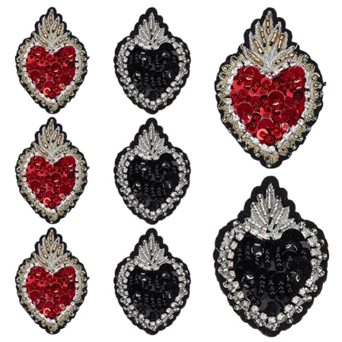 INFUNLY 8 Stück Herz Pailletten Perlen Patches Rote Strass Applikationen Schwarze Kristall Aufnäher Funkelnde Pailletten Applikation Handgefertigter Herz Patch Für Kleidung Jeans Schuhe DIY Dekor von INFUNLY