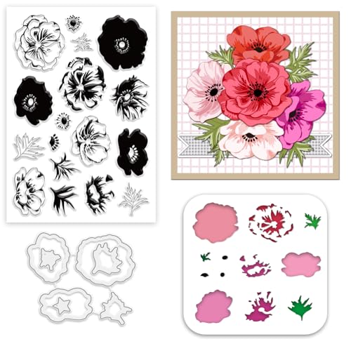 INFUNLY Anemone Clear Stamps and Dies Set Anemone Flowers Painting Stencils Layered Flowers Stamps and Cutting Dies Leaves Silicone Stamp Anemone Wall Stencils for DIY Craft Scrapbooking Home Decor von INFUNLY