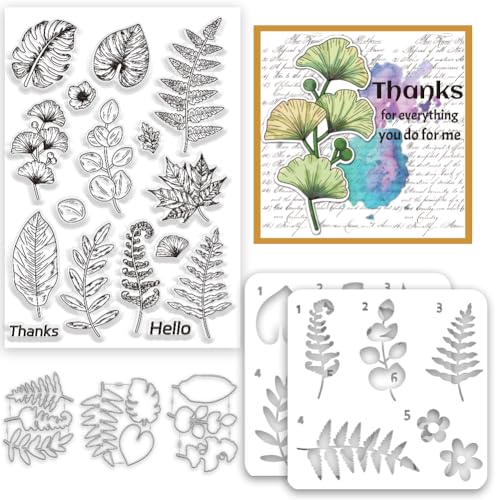 INFUNLY Blätter Stempel Und Stanzformen Ginkgo Malschablonen Größe A4 tropische Pflanzen Transparente Stempel Und Stanzformen Palmblätter Hohles Malschablonen Set Für DIY Kartengestaltung Scrapbookin von INFUNLY